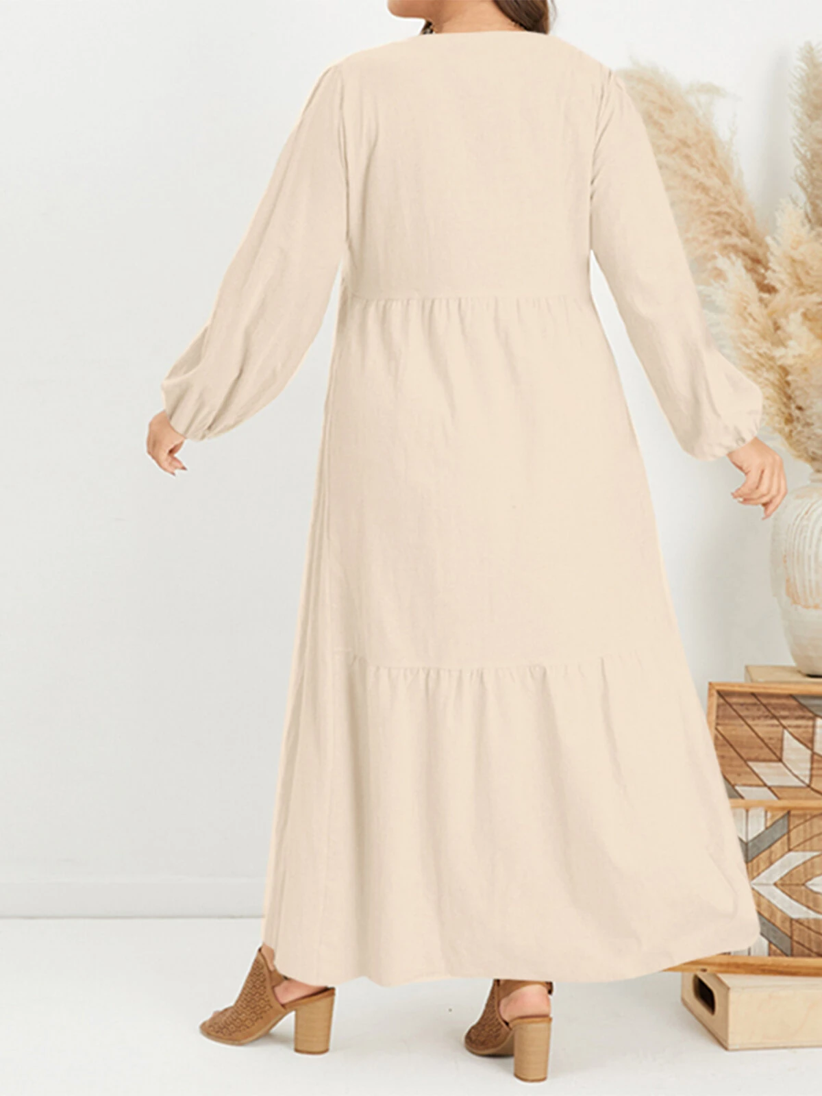 (image for) ZANZEA Plus Size Women Long Dress Solid Color V-neck Long Sleeve Causal Maxi Dress