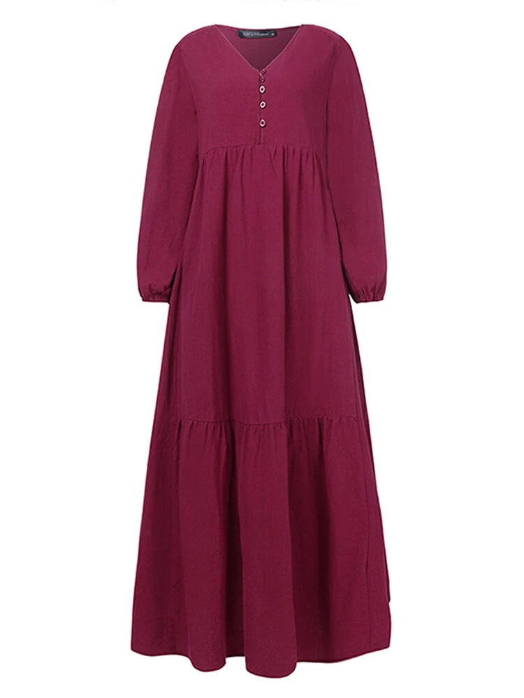 (image for) ZANZEA Plus Size Women Long Dress Solid Color V-neck Long Sleeve Causal Maxi Dress