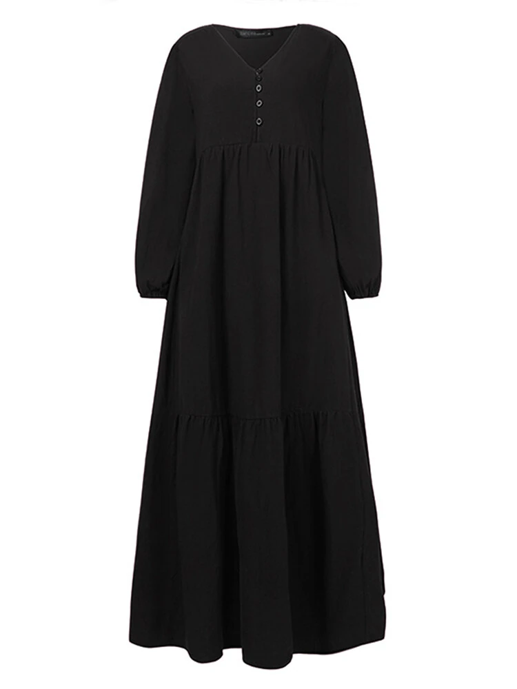 (image for) ZANZEA Plus Size Women Long Dress Solid Color V-neck Long Sleeve Causal Maxi Dress