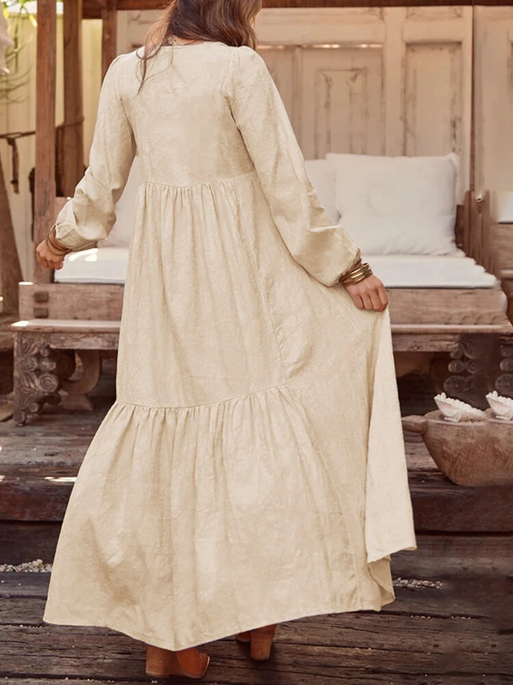 (image for) ZANZEA Plus Size Women Long Dress Solid Color V-neck Long Sleeve Causal Maxi Dress