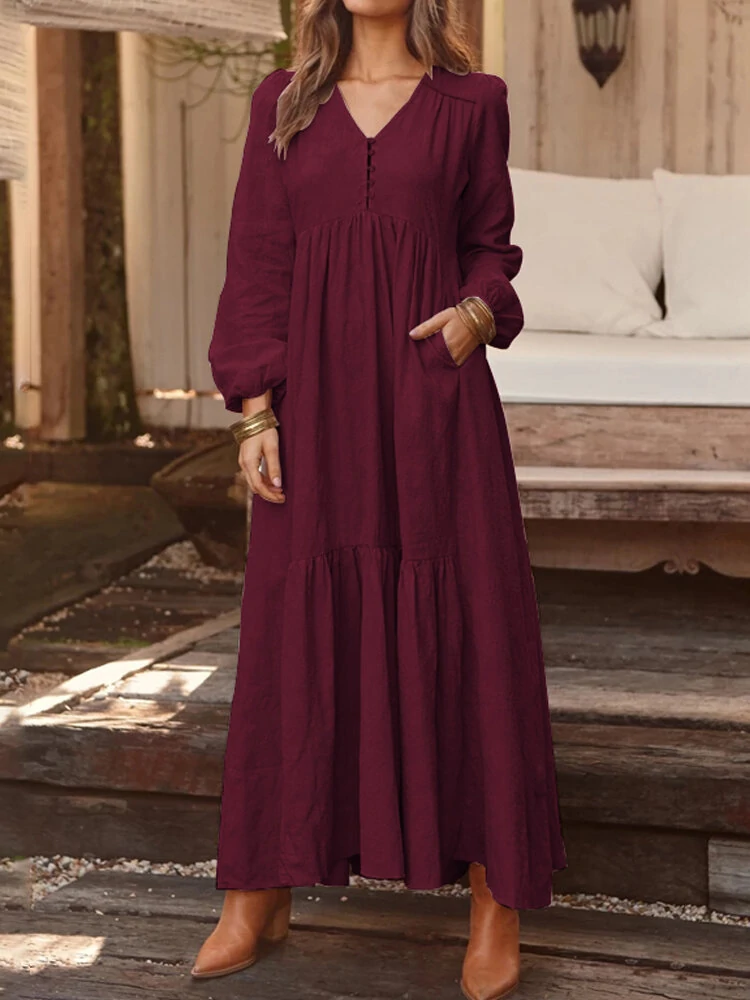 (image for) ZANZEA Plus Size Women Long Dress Solid Color V-neck Long Sleeve Causal Maxi Dress