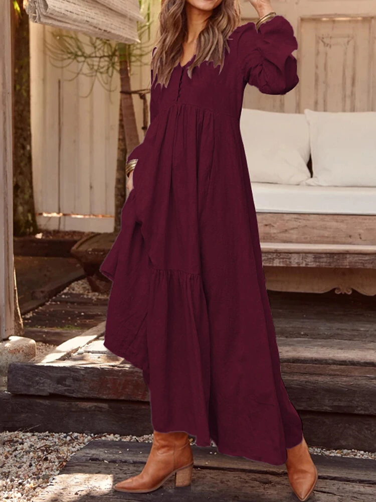 (image for) ZANZEA Plus Size Women Long Dress Solid Color V-neck Long Sleeve Causal Maxi Dress
