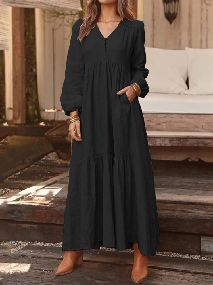 (image for) ZANZEA Plus Size Women Long Dress Solid Color V-neck Long Sleeve Causal Maxi Dress