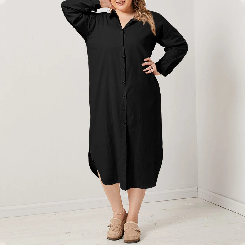 (image for) ZANZEA Plus Size Women Long Shirt Dress Solid Color Curved Hem Split Lapel Loose Fit Shirt Dress