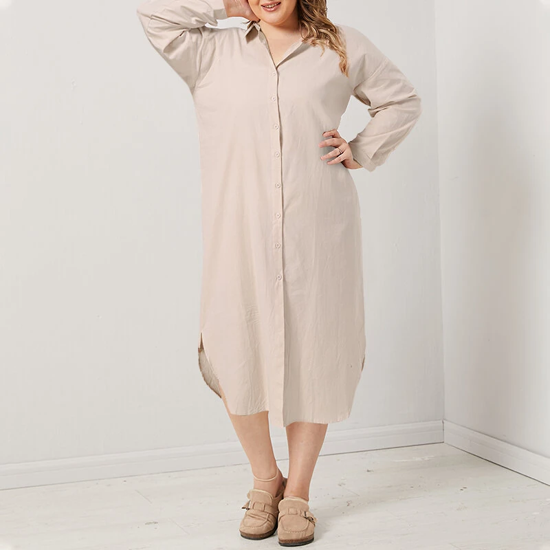 (image for) ZANZEA Plus Size Women Long Shirt Dress Solid Color Curved Hem Split Lapel Loose Fit Shirt Dress