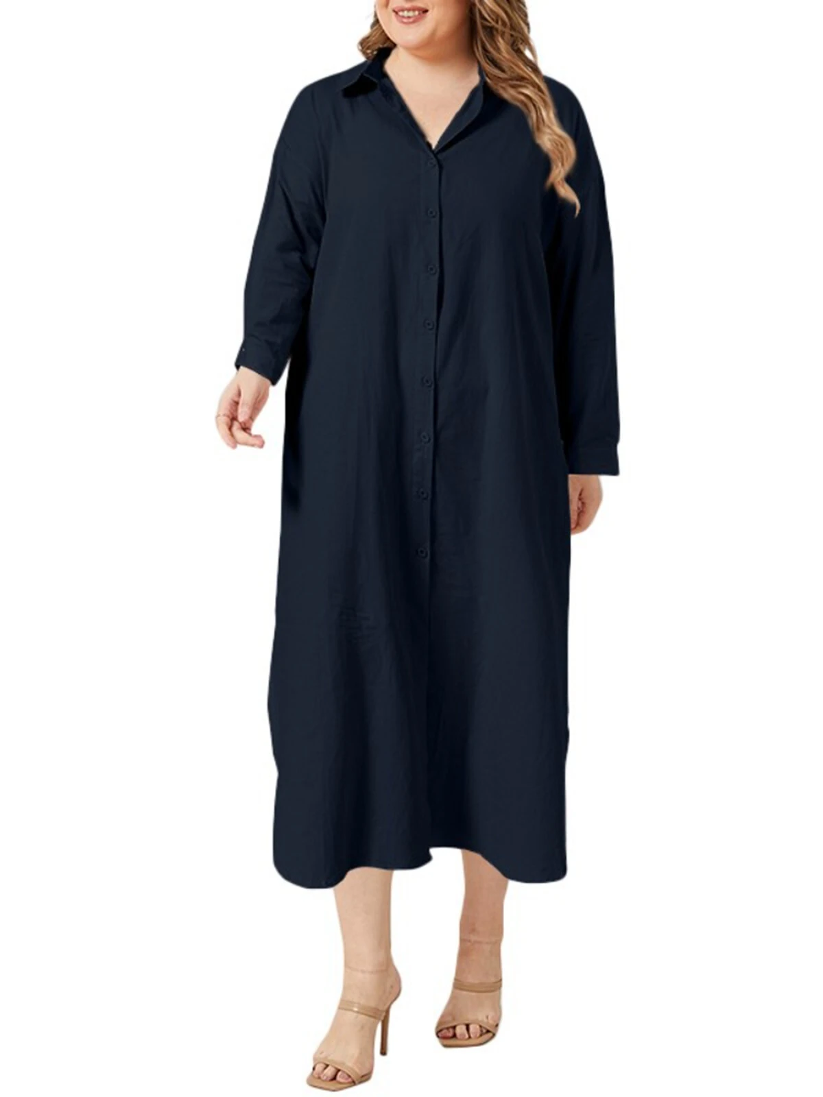(image for) ZANZEA Plus Size Women Long Shirt Dress Solid Color Curved Hem Split Lapel Loose Fit Shirt Dress