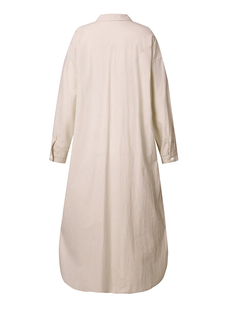 (image for) ZANZEA Plus Size Women Long Shirt Dress Solid Color Curved Hem Split Lapel Loose Fit Shirt Dress