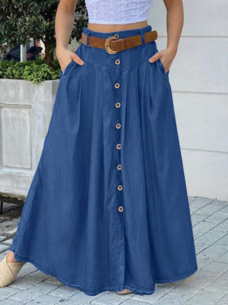 (image for) ZANZEA Plus Size Women Long Skirts, Summer Button Down Dress, Solid Color Loose Casual High Waist Long Skirt With Pocket