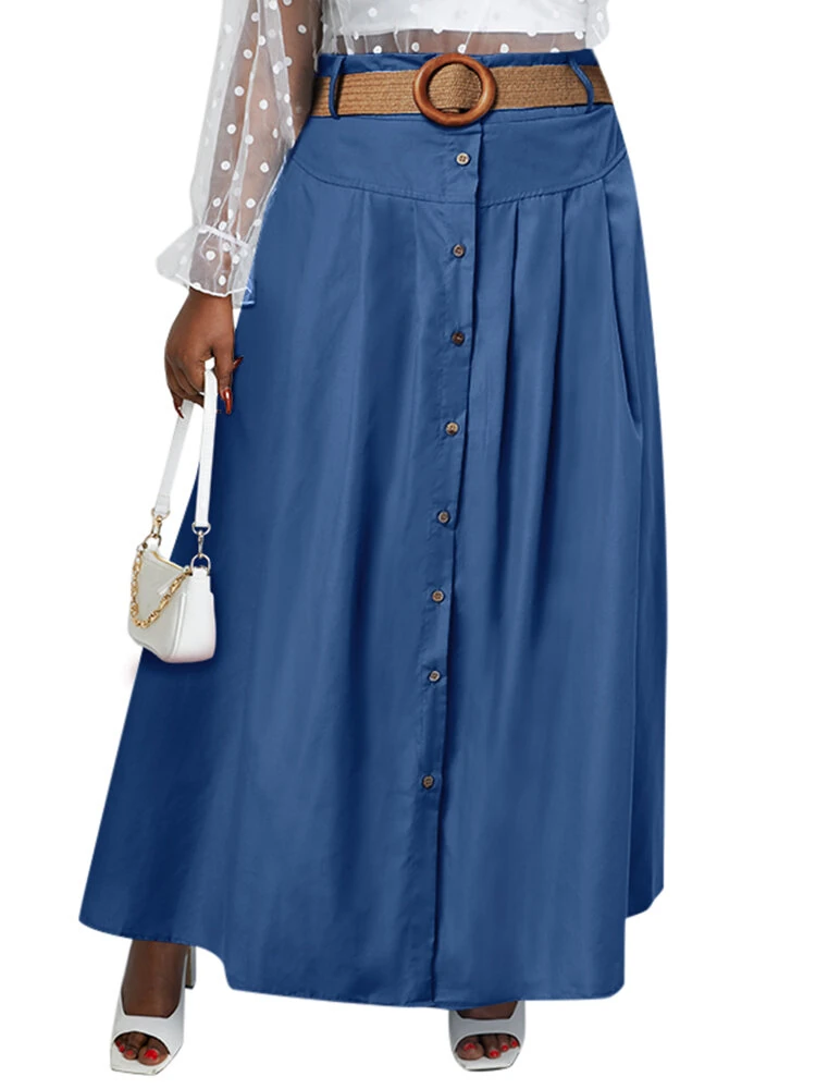 (image for) ZANZEA Plus Size Women Long Skirts, Summer Button Down Dress, Solid Color Loose Casual High Waist Long Skirt With Pocket