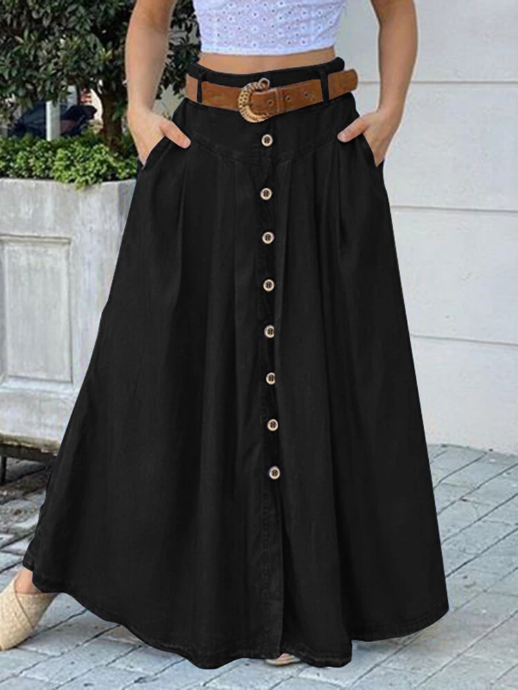 (image for) ZANZEA Plus Size Women Long Skirts, Summer Button Down Dress, Solid Color Loose Casual High Waist Long Skirt With Pocket