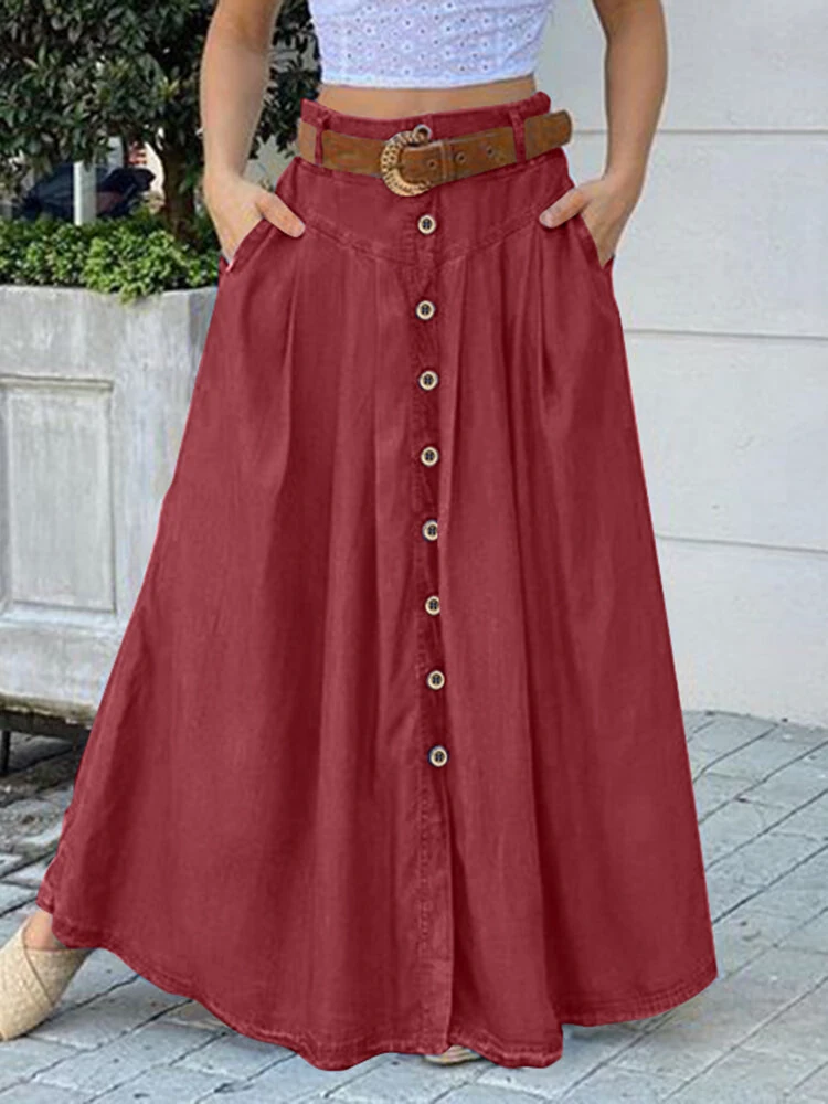 (image for) ZANZEA Plus Size Women Long Skirts, Summer Button Down Dress, Solid Color Loose Casual High Waist Long Skirt With Pocket