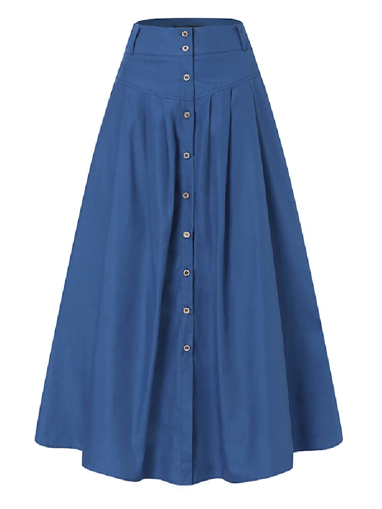 (image for) ZANZEA Plus Size Women Long Skirts, Summer Button Down Dress, Solid Color Loose Casual High Waist Long Skirt With Pocket