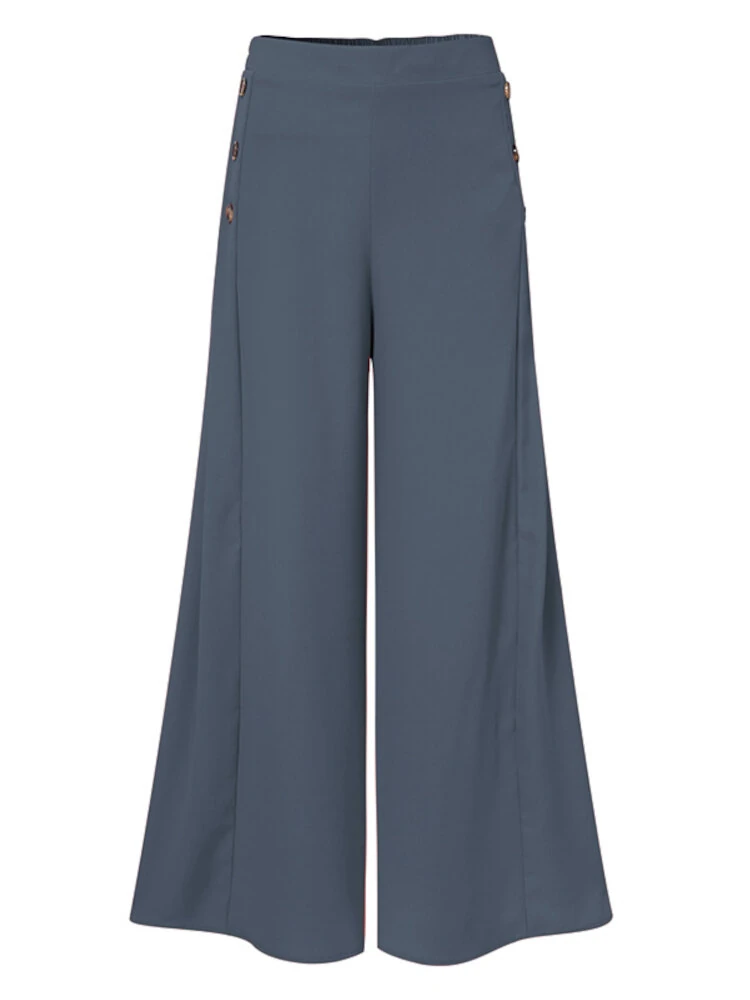 (image for) ZANZEA Plus Size Women Pants Solid Color Side Button Elastic Waist Loose Casual Wide Leg Pants With No Pocket