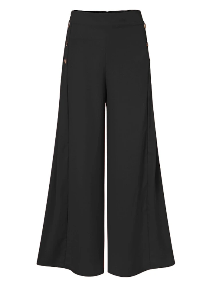 (image for) ZANZEA Plus Size Women Pants Solid Color Side Button Elastic Waist Loose Casual Wide Leg Pants With No Pocket