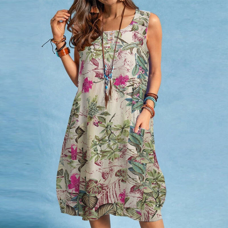 (image for) ZANZEA Plus Size Women Plant Print Dress Button Pocket Sleeveless Cotton Linen Casual Holiday Midi Dresses S-5XL