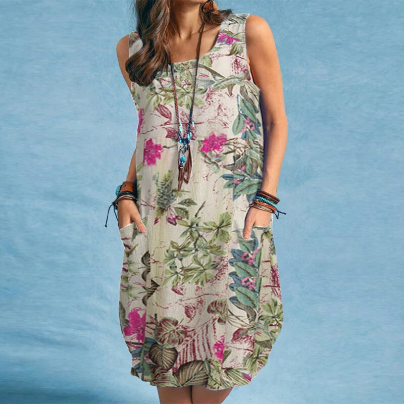 (image for) ZANZEA Plus Size Women Plant Print Dress Button Pocket Sleeveless Cotton Linen Casual Holiday Midi Dresses S-5XL