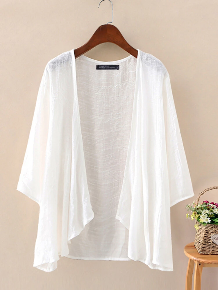 (image for) ZANZEA Plus Size Womens Cardigans Solid Color Cape Summer Beach Sunscreen Linen Cardigan