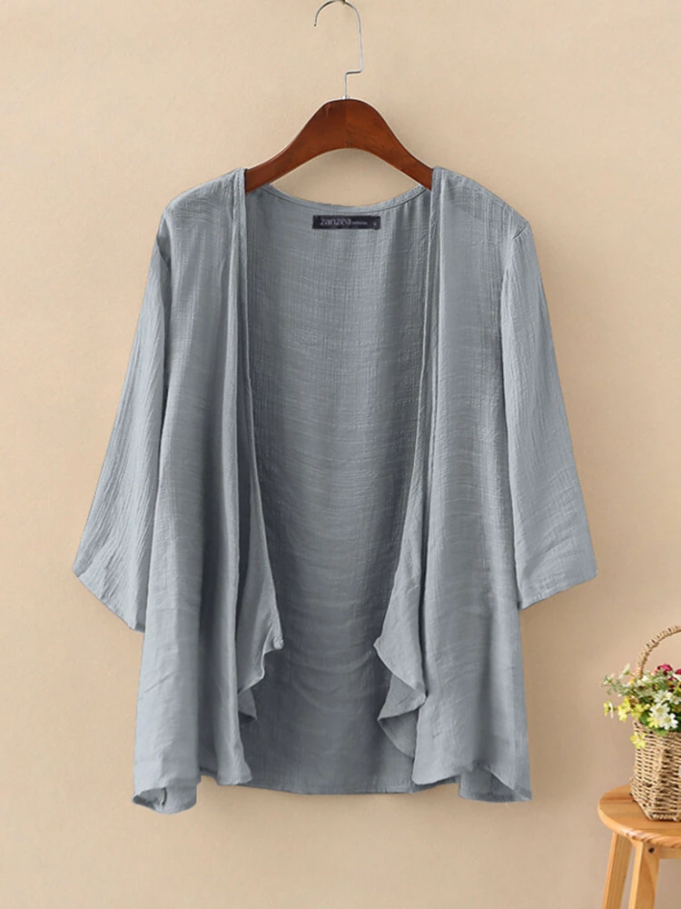 (image for) ZANZEA Plus Size Womens Cardigans Solid Color Cape Summer Beach Sunscreen Linen Cardigan