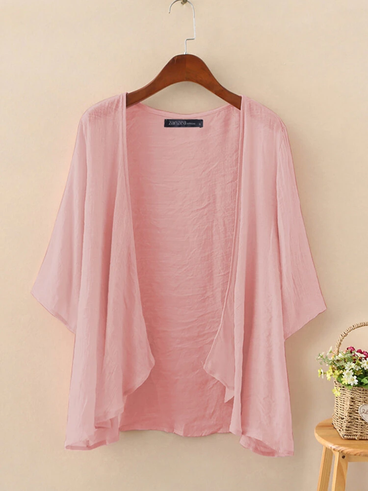 (image for) ZANZEA Plus Size Womens Cardigans Solid Color Cape Summer Beach Sunscreen Linen Cardigan