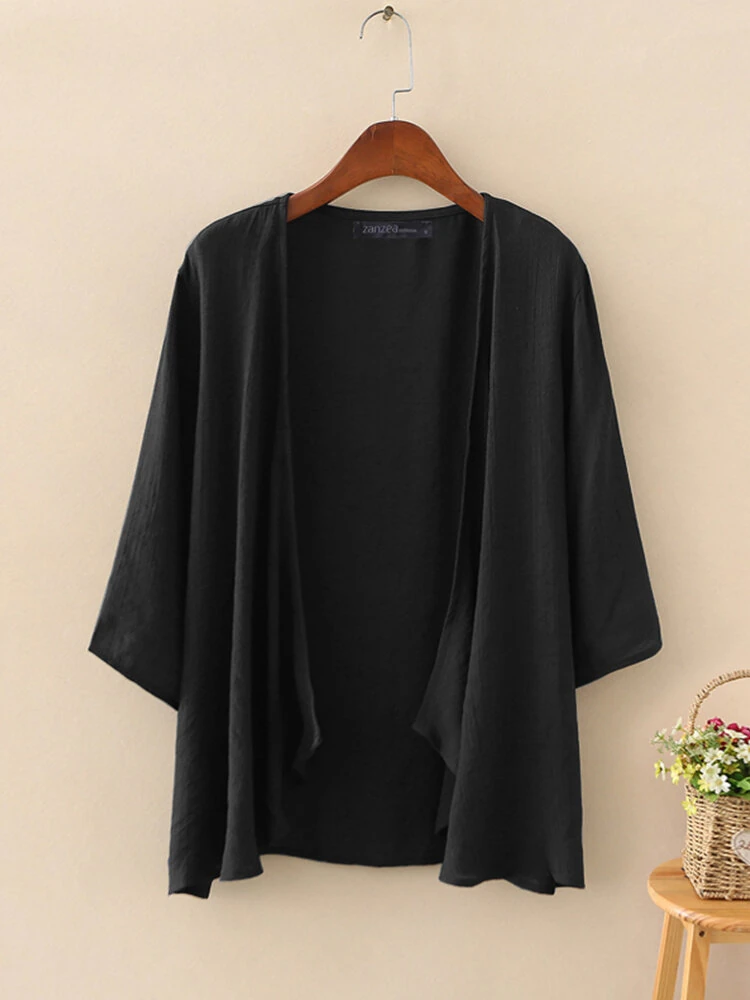 (image for) ZANZEA Plus Size Womens Cardigans Solid Color Cape Summer Beach Sunscreen Linen Cardigan