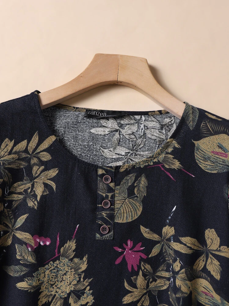 (image for) ZANZEA Plus Size Women's Shirt Cotton Linen Printed Casual Short Sleeve O Neck Loose Blouse Summer Daily Top for Women