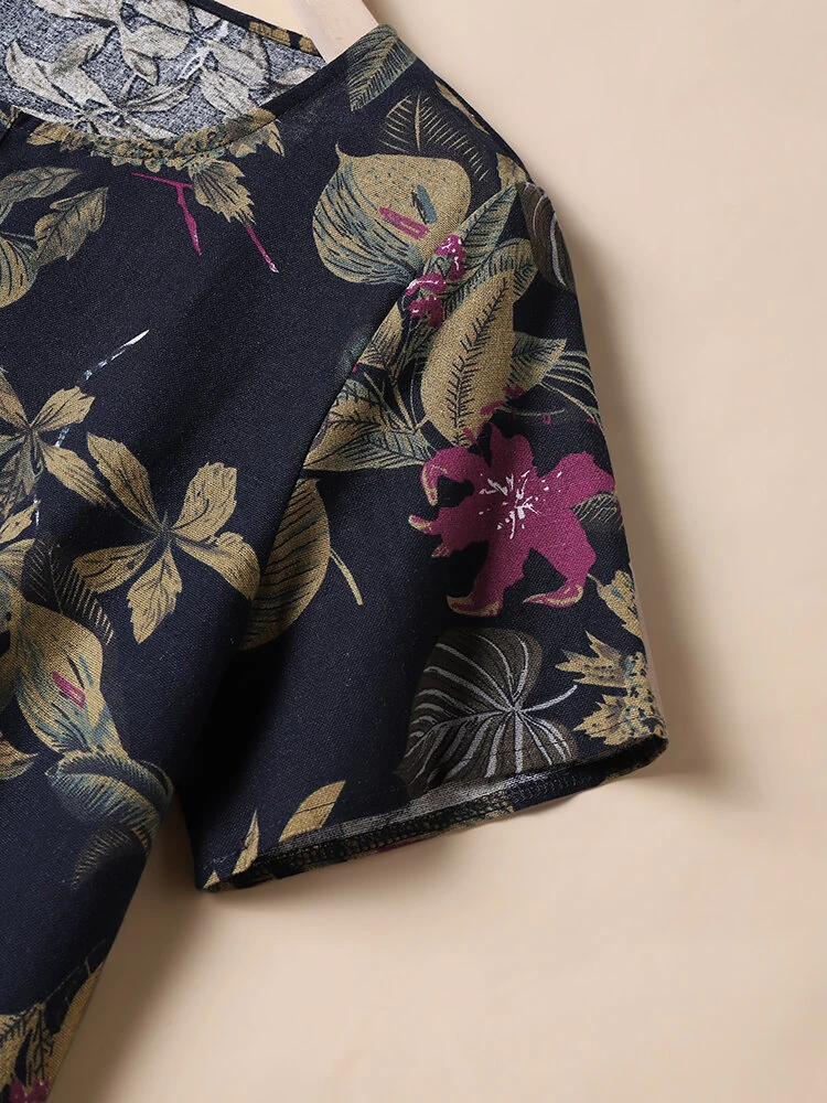 (image for) ZANZEA Plus Size Women's Shirt Cotton Linen Printed Casual Short Sleeve O Neck Loose Blouse Summer Daily Top for Women