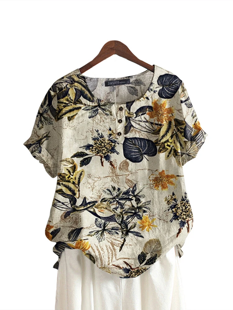 (image for) ZANZEA Plus Size Women's Shirt Cotton Linen Printed Casual Short Sleeve O Neck Loose Blouse Summer Daily Top for Women