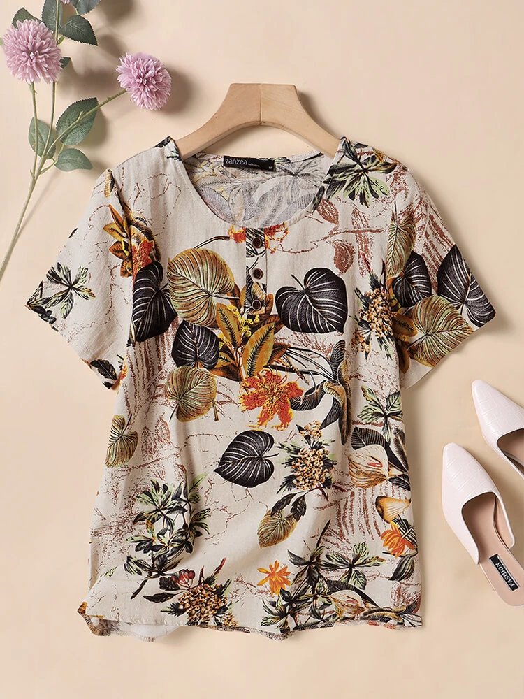 (image for) ZANZEA Plus Size Women's Shirt Cotton Linen Printed Casual Short Sleeve O Neck Loose Blouse Summer Daily Top for Women