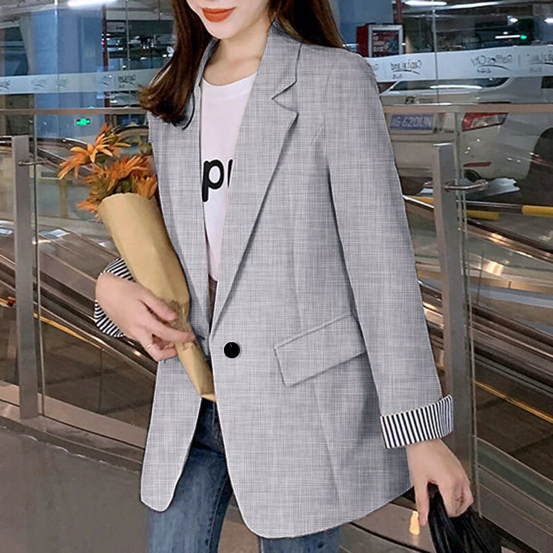 (image for) ZANZEA Plus Size Women's Stripe Panel Long Sleeve Button Front Lapel Blazer with No Pockets