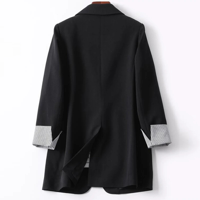 (image for) ZANZEA Plus Size Women's Stripe Panel Long Sleeve Button Front Lapel Blazer with No Pockets