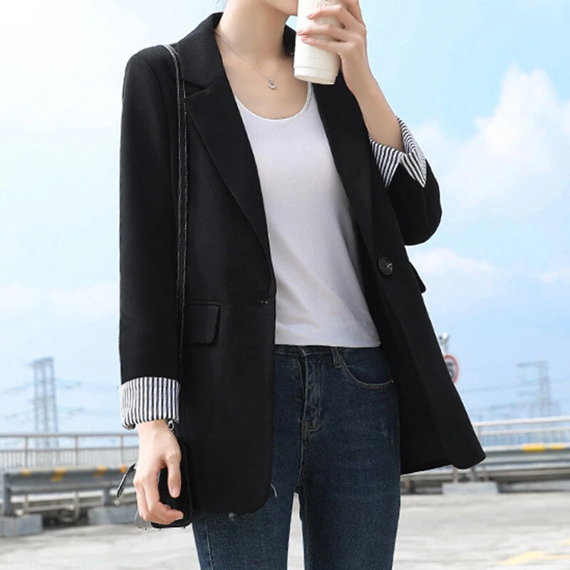 (image for) ZANZEA Plus Size Women's Stripe Panel Long Sleeve Button Front Lapel Blazer with No Pockets