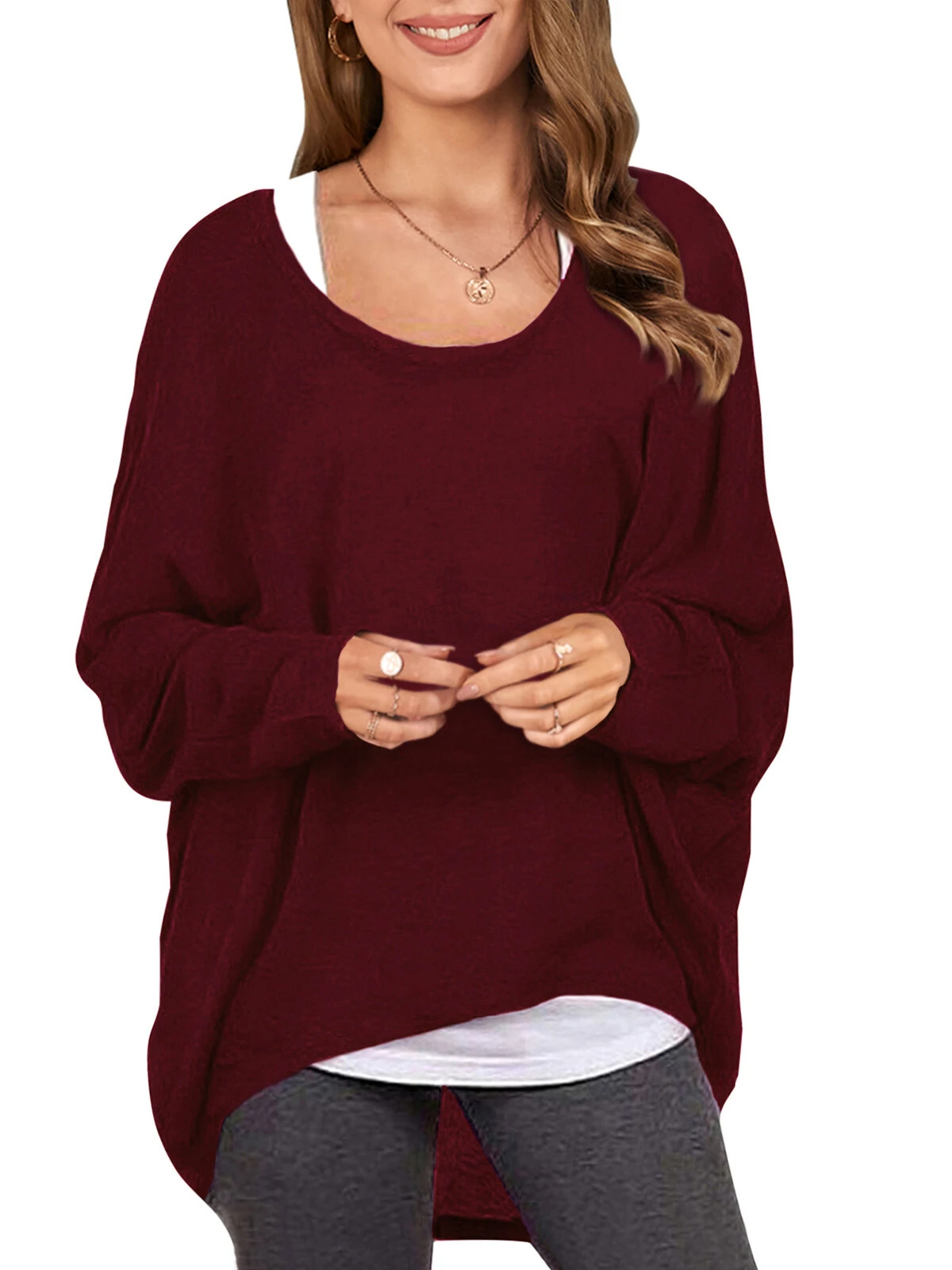 (image for) ZANZEA Plus Size Womens T-shirt Long Bat Sleeve Round Neck Loose Solid Color Pullover Plus Size Casual Shirt T-shirt