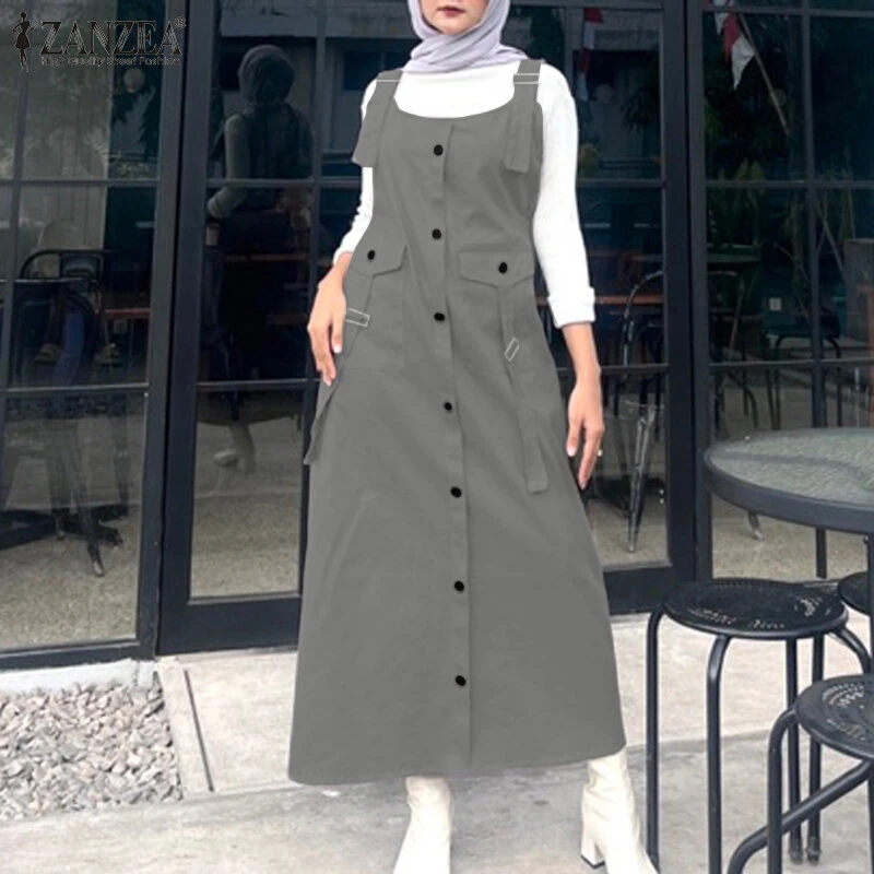 (image for) ZANZEA Solid Womens Square Neck Strappy Bib Dress Casual Loose Long Dresses