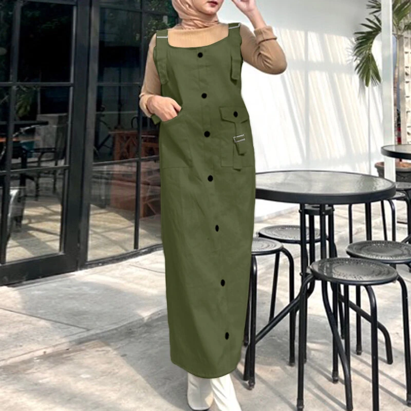 (image for) ZANZEA Solid Womens Square Neck Strappy Bib Dress Casual Loose Long Dresses