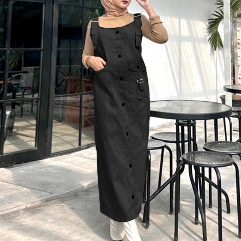 (image for) ZANZEA Solid Womens Square Neck Strappy Bib Dress Casual Loose Long Dresses