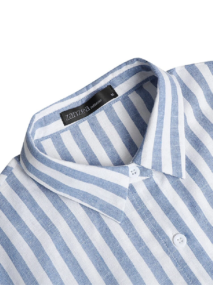 (image for) ZANZEA Women 100% Cotton Classical Striped Print Lapel Button Front Lace-Up Casual Shirt Dress