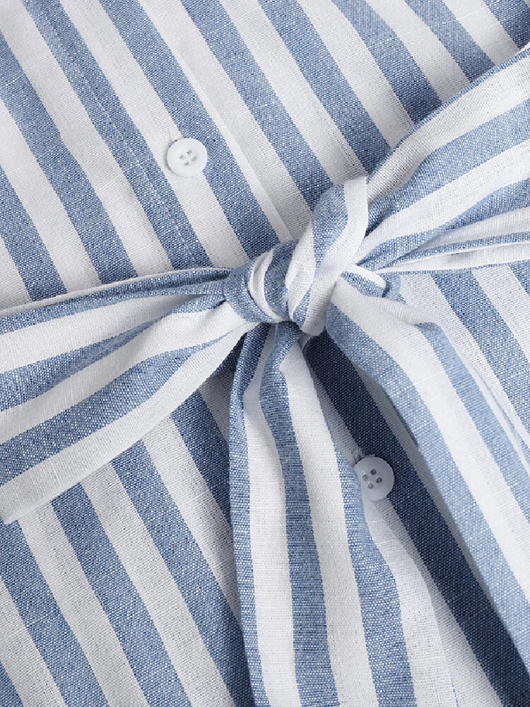 (image for) ZANZEA Women 100% Cotton Classical Striped Print Lapel Button Front Lace-Up Casual Shirt Dress