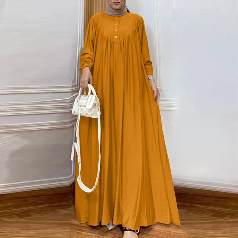 (image for) ZANZEA Women Abaya Casual Maxi A-Line Sundress Kaftans Lantern Sleeve O-Neck Plain Dress