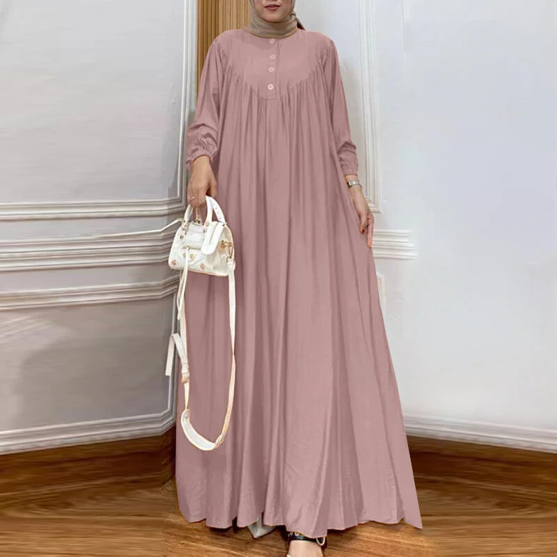 (image for) ZANZEA Women Abaya Casual Maxi A-Line Sundress Kaftans Lantern Sleeve O-Neck Plain Dress