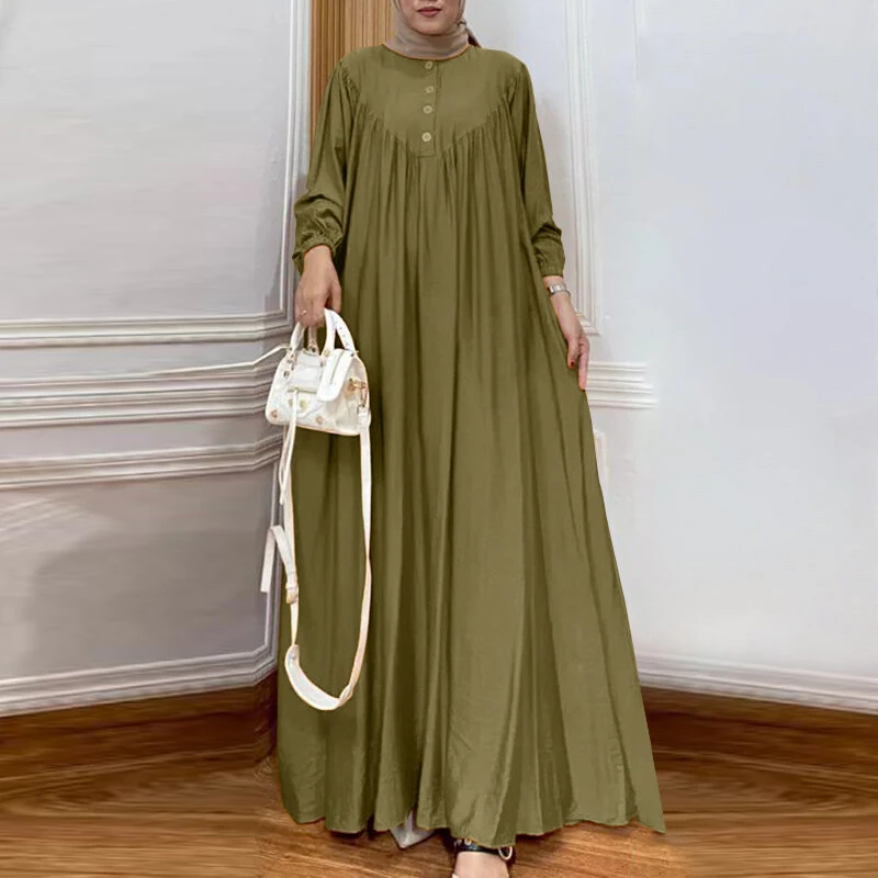(image for) ZANZEA Women Abaya Casual Maxi A-Line Sundress Kaftans Lantern Sleeve O-Neck Plain Dress