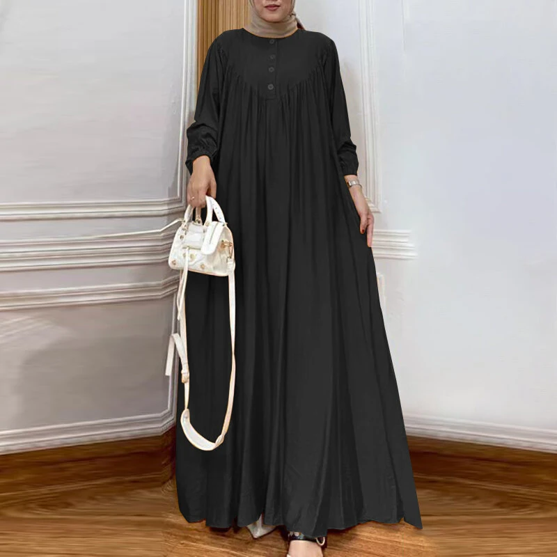 (image for) ZANZEA Women Abaya Casual Maxi A-Line Sundress Kaftans Lantern Sleeve O-Neck Plain Dress