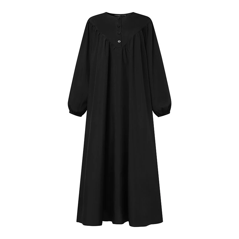 (image for) ZANZEA Women Abaya Casual Maxi A-Line Sundress Kaftans Lantern Sleeve O-Neck Plain Dress
