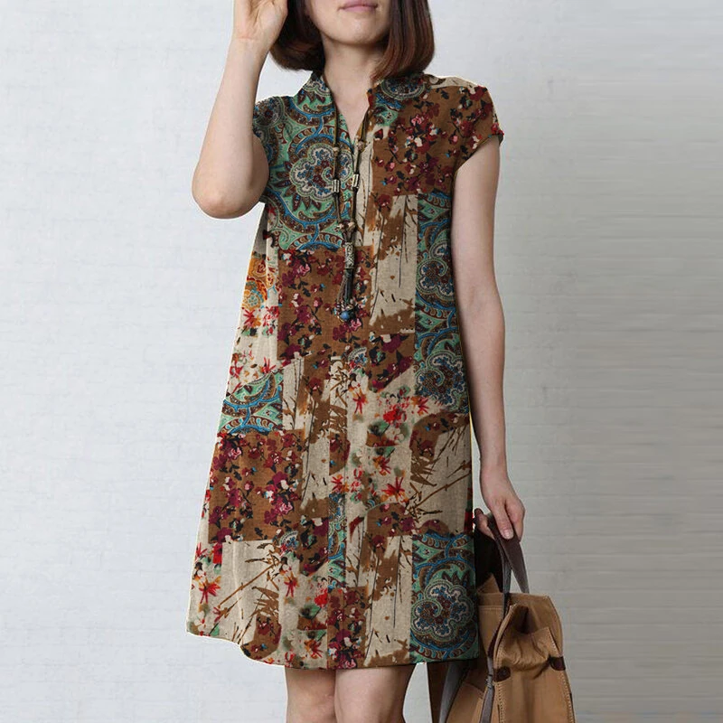 (image for) ZANZEA Women Bohemian Floral Printed V-Neck Cotton Dress Holiday Casual Short Sleeve Sundress