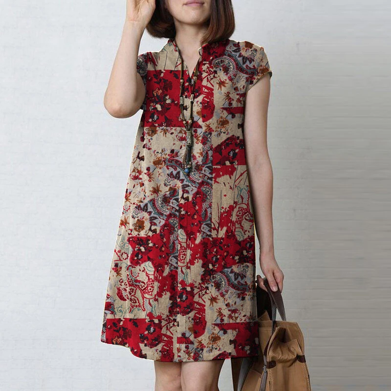 (image for) ZANZEA Women Bohemian Floral Printed V-Neck Cotton Dress Holiday Casual Short Sleeve Sundress