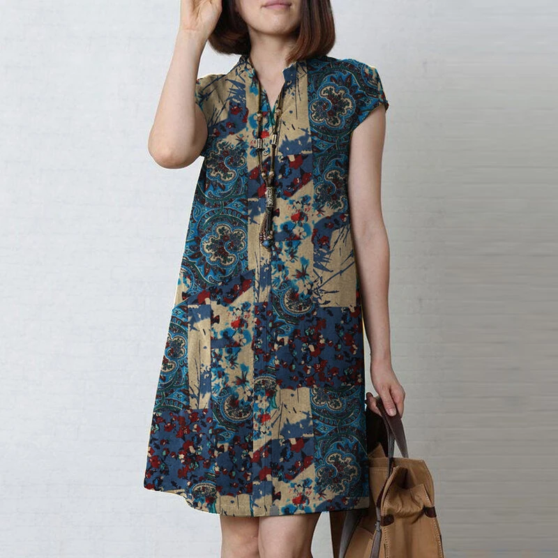 (image for) ZANZEA Women Bohemian Floral Printed V-Neck Cotton Dress Holiday Casual Short Sleeve Sundress