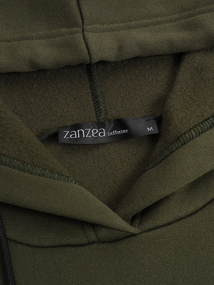 (image for) ZANZEA Women Brief Style Solid Color Drawstring Hooded Casual Dress With Pocket