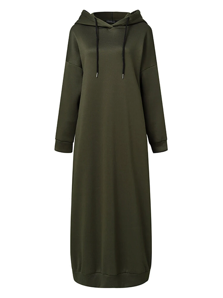 (image for) ZANZEA Women Brief Style Solid Color Drawstring Hooded Casual Dress With Pocket