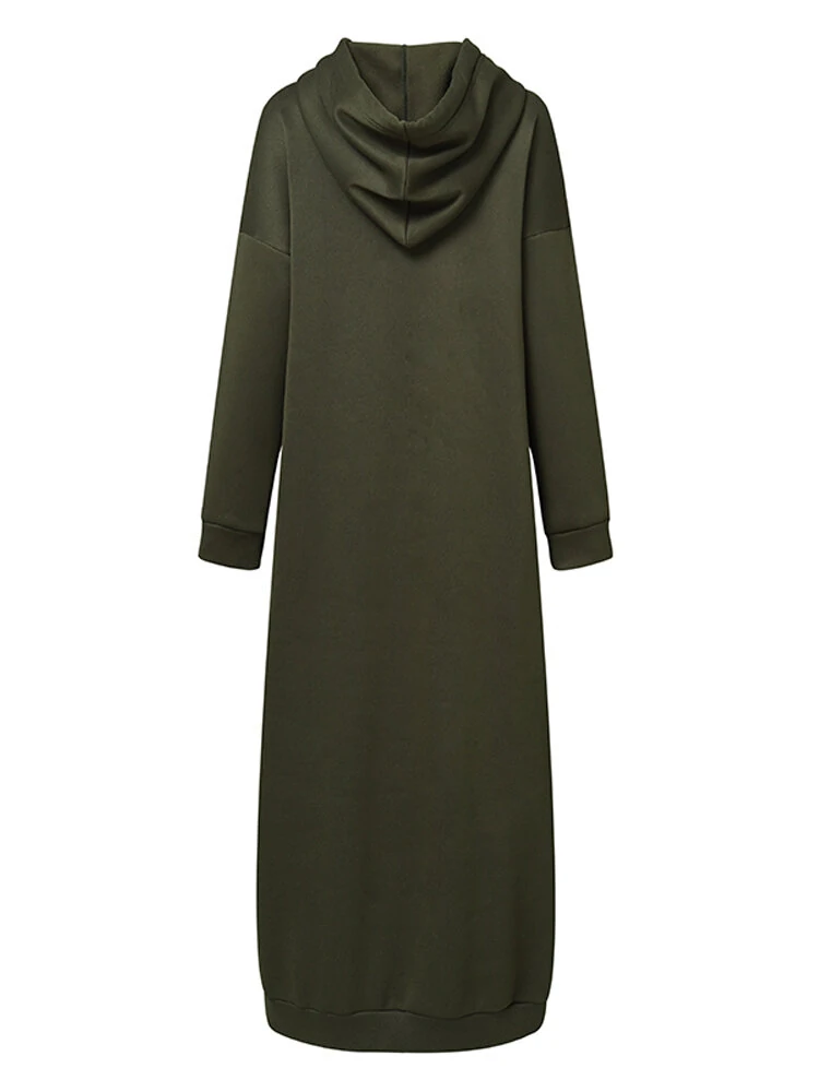 (image for) ZANZEA Women Brief Style Solid Color Drawstring Hooded Casual Dress With Pocket