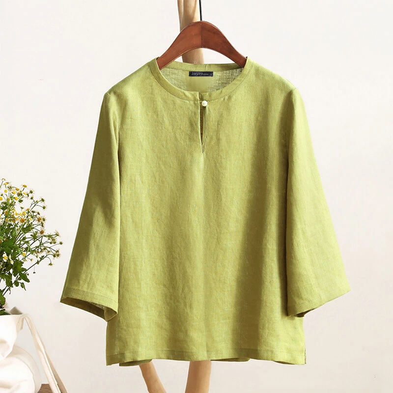 (image for) ZANZEA Women Button Summer O-Neck 3/4 Sleeve Solid Blouses Casual Cotton Linen Shirts for Women Loose Fit