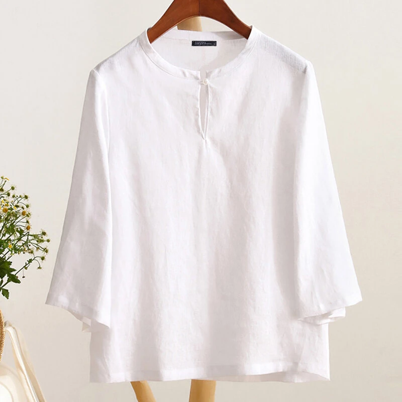 (image for) ZANZEA Women Button Summer O-Neck 3/4 Sleeve Solid Blouses Casual Cotton Linen Shirts for Women Loose Fit